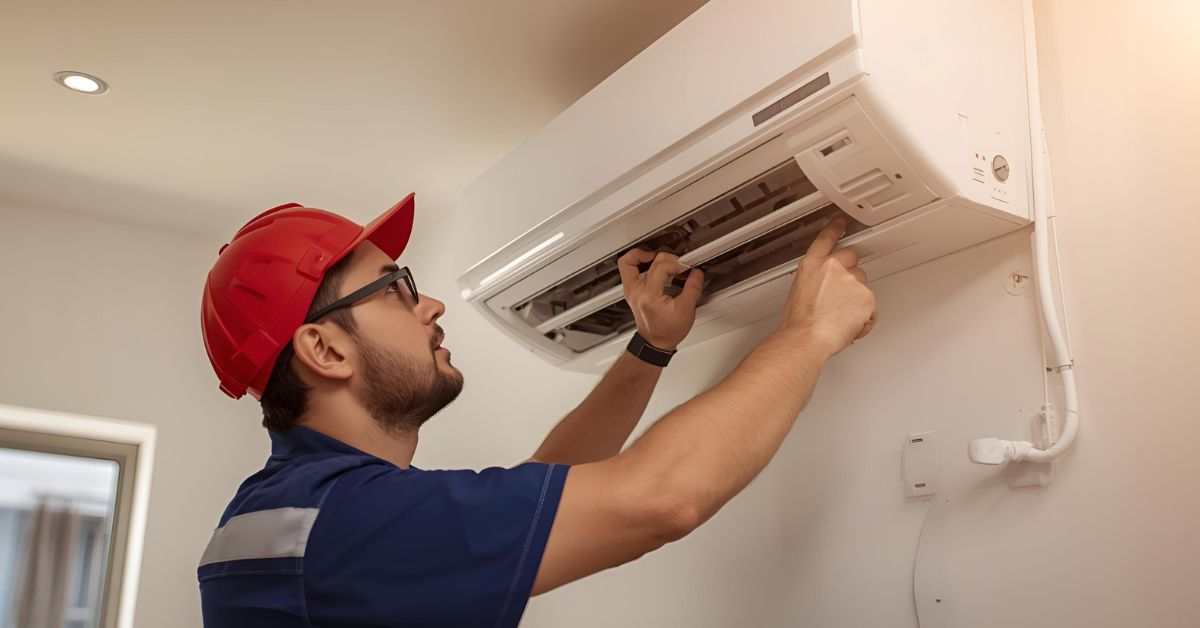 Services 56 AC service technician repairing air conditioner unit